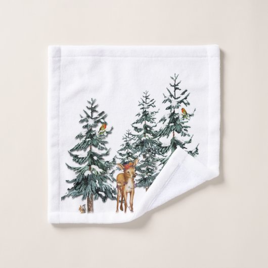 Winter Wonderland Forest Deer Pine Trees Bad Handdoek (Wasdoekje)