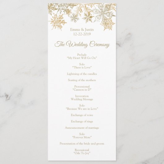 Winter Wonderland Goud Sneeuwvlokken Bruiloft Programma (Achterkant)