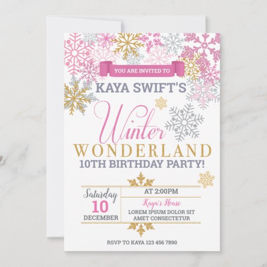 Winter Wonderland Invitation Anniversaire Pink & G (Devant)