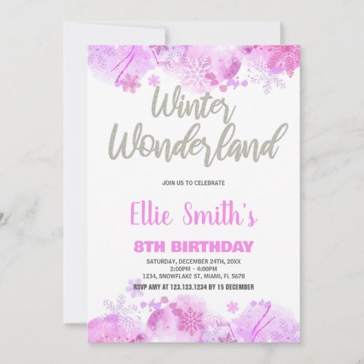 Winter Wonderland Invitations Pink Silver Snow (Devant)