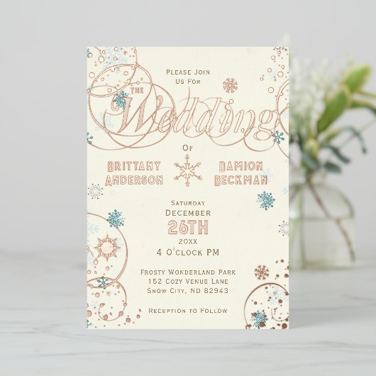 Winter Wonderland Ivoren Blauwe Sneeuwvlok Bruilof Folie Uitnodiging (Staand Voorkant)
