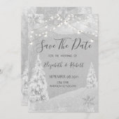Winter Wonderland, pine Tree Grey Save the Date (Voorkant / Achterkant)