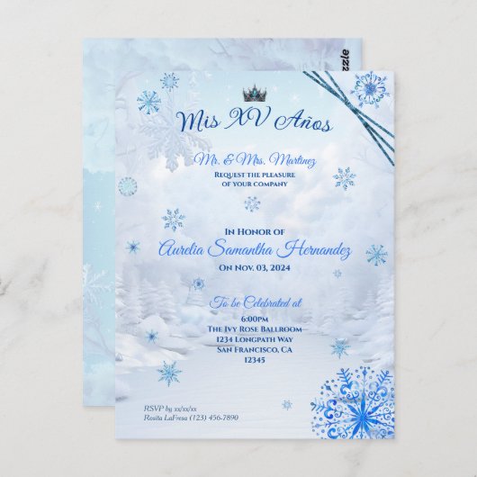 Winter Wonderland Quinceañera Uitnodiging (Voorkant / Achterkant)