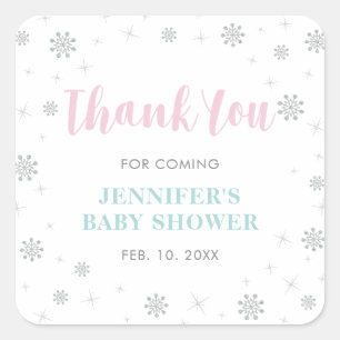Winter wonderland, roze en mint Baby shower Favor Vierkante Sticker
