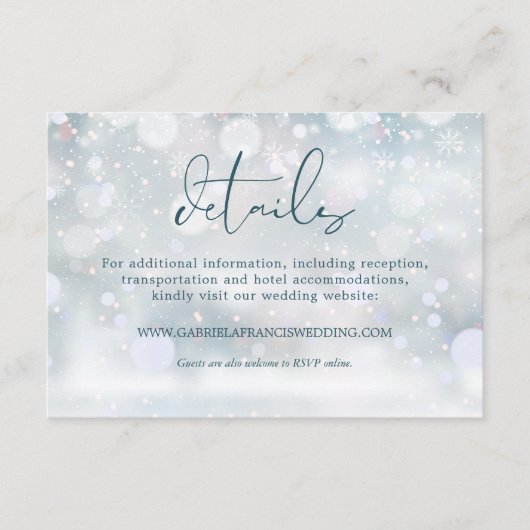 Winter Wonderland Sneeuw Bruiloft Details Informatiekaartje (Voorkant)