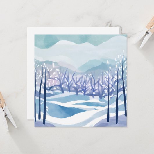 Winter Wonderland Sneeuwblauwe Aquarel Schilderij Kaart (Voorkant / Achterkant in situ)
