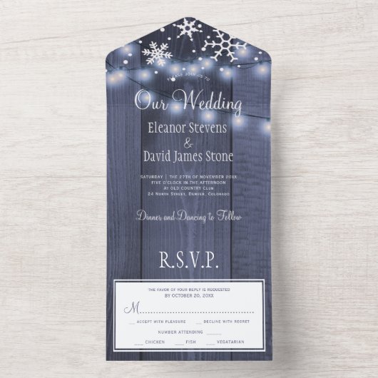 Winter wonderland sneeuwvlokken rustieke bruiloft all in one uitnodiging (Binnen)