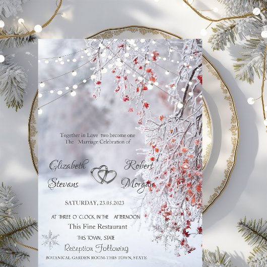 Winter Wonderland, Snow String Lights Wedding Invi Kaart
