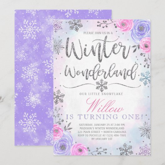 Winter Wonderland Snowflake Birthday Uitnodiging (Voorkant / Achterkant)