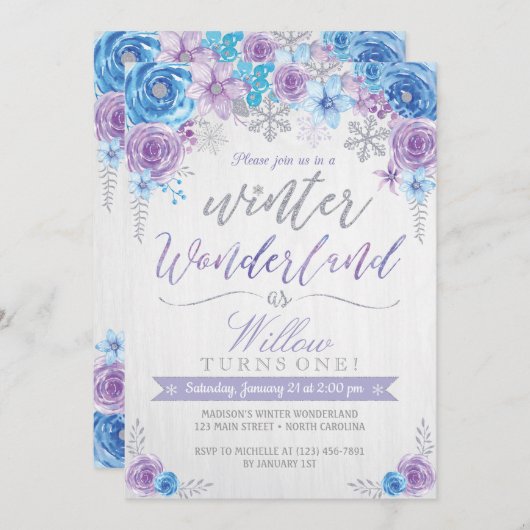 Winter Wonderland Snowflake Birthday Uitnodiging (Voorkant / Achterkant)