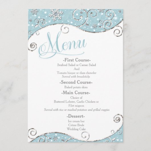 Winter Wonderland Snowflakes Swirl Menu Mariage (Devant)