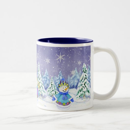 Winter Wonderland Snowman Pine Trees Coffee Cup Tweekleurige Koffiemok (Rechts)
