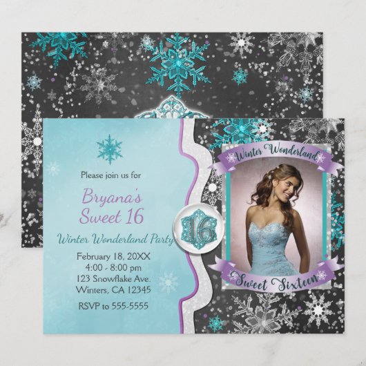 Winter Wonderland Sweet 16 Party Photo Invitations (Devant / Derrière)