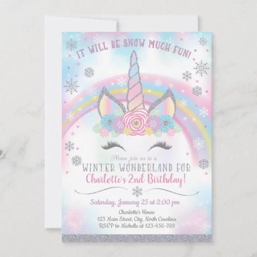 Winter Wonderland Unicorn Anniversaire Invitation (Devant)