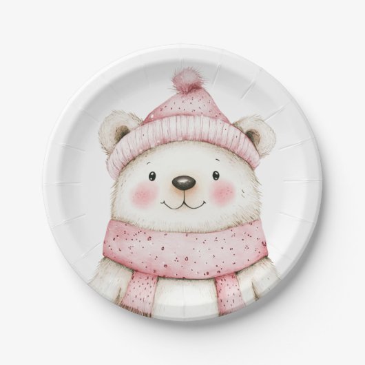 Winter Wonderland Wit Beer Roze Papieren Bordje (Voorkant)