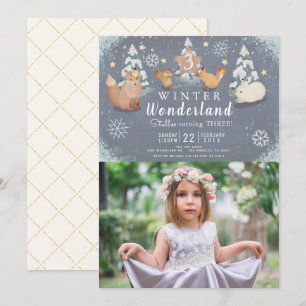 Winter Wonderland Woodland Animals Foto Verjaardag Kaart