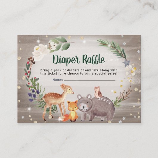 Winter Woodland Animals Baby shower Diaper Raffle Informatiekaartje (Voorkant)