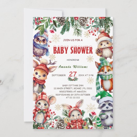 Winter Woodland Animals Baby shower Kaart (Voorkant)