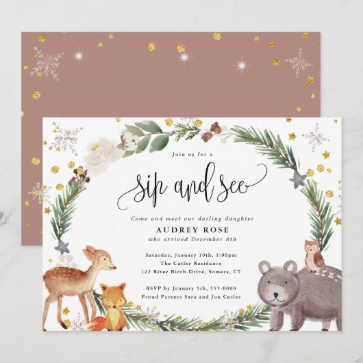 Winter Woodland Animals Baby Sip en Zie Kaart (Voorkant / Achterkant)