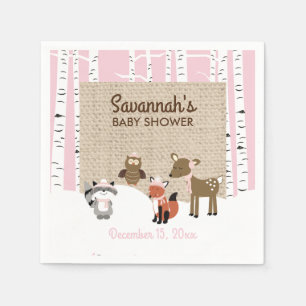 Winter Woodland Animals Birch Tree Napkin Roze Servetten