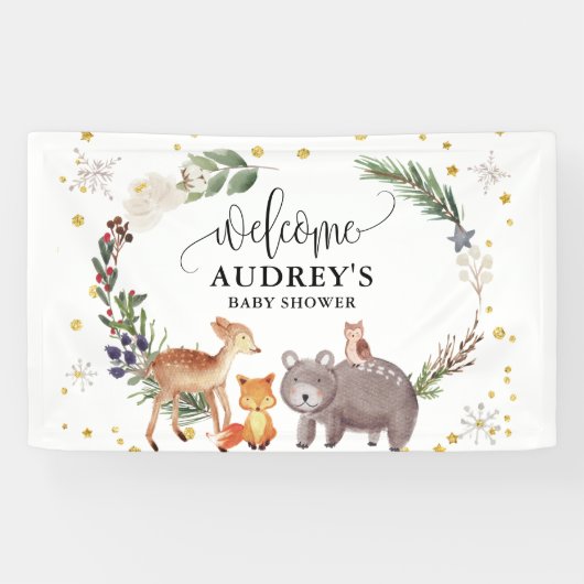 Winter Woodland Animals Landschap Welkom Spandoek (Horizontaal)