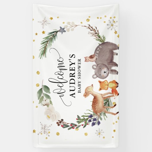 Winter Woodland Animals Landschap Welkom Spandoek (Verticaal)
