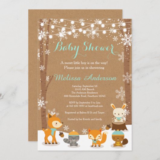 Winter Woodland Baby shower Uitnodiging (Voorkant / Achterkant)