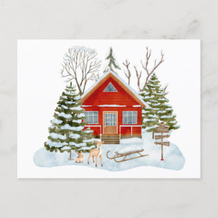 Winter Woodland Cabin en Bos bezoekers Briefkaart
