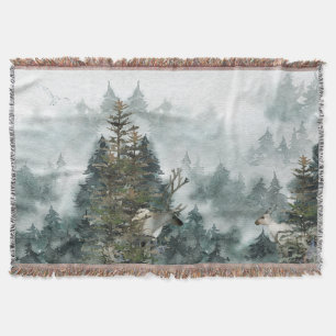 Winter Woodland Foggy Mountain Forest Stag Deer Th Deken