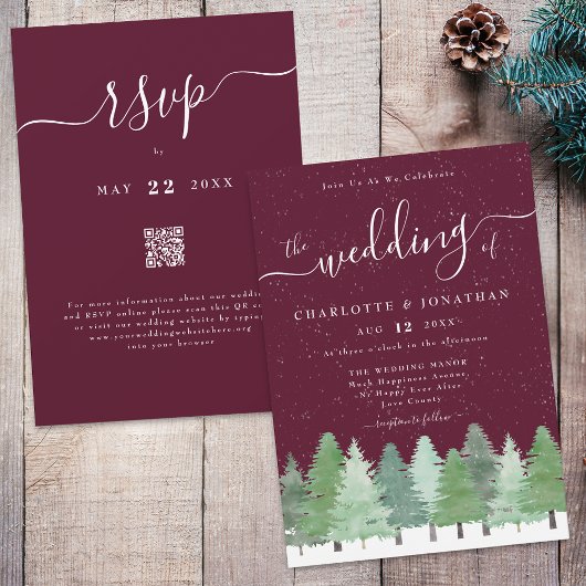 Winter Woodland Forest Burgundy Wedding Qr Code Kaart