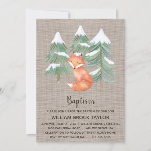 Winter Woodland Fox Baptism Kaart (Voorkant)