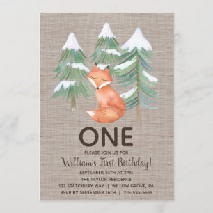 Winter Woodland Fox First Birthday Party Kaart