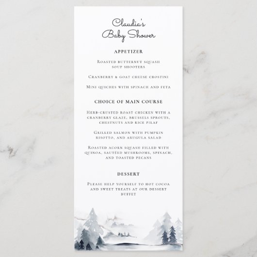 Winter Woodland Modern Script Baby shower Menu (Voorkant)