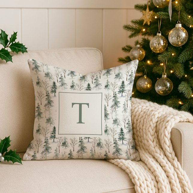 Winter Woodland Pine Tree Pattern Monogram Kussen (Creator heeft geüpload)