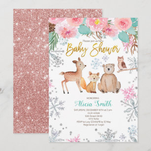 Winter Woodland Pink Baby Girl Shower Kaart
