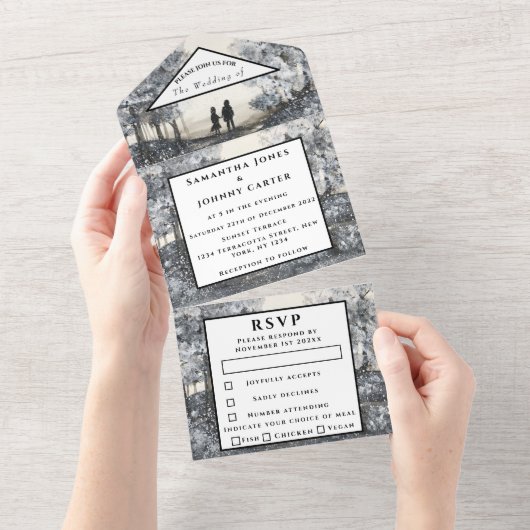 Winter Woodland RSVP Waterverf Forest Wedding All In One Uitnodiging (Afscheurbaar)