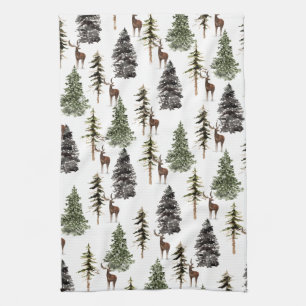 Winter Woodland Snowy Spruce Trees & Stag Theedoek