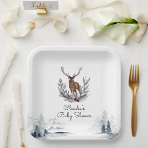 Winter Woodland Stag Modern Script Baby shower Papieren Bordje