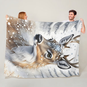 Winter Woodland Waterverf Kerstherten Fleece Deken