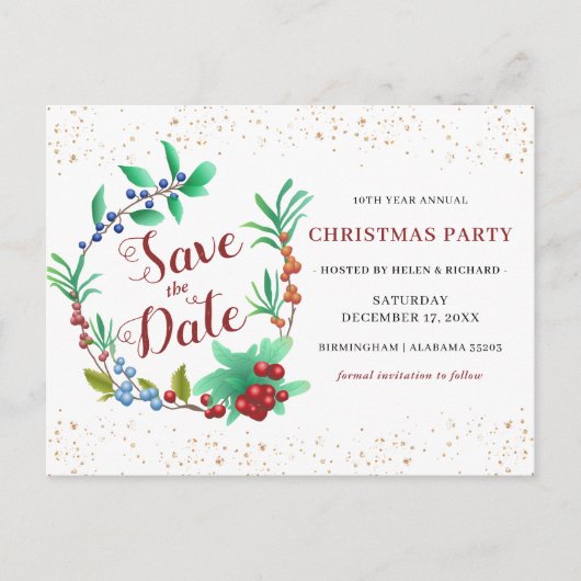 Winter Wreate & Gold Kerstmis Opslaan datum Uitnodiging Briefkaart (Voorkant)