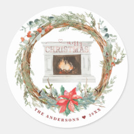 Winter Wreath Cozy Fireplace Merry Kerstry Ronde Sticker
