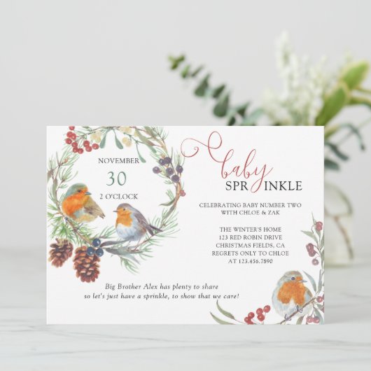 Winter Wreath en Kerstmis Robin Baby Sprinkle Kaart (Staand voorkant)