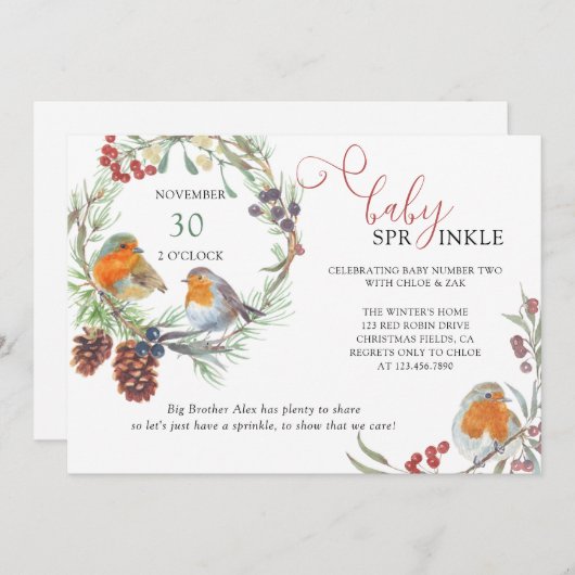 Winter Wreath en Kerstmis Robin Baby Sprinkle Kaart (Voorkant / Achterkant)