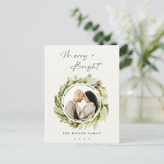 Winter Wreath Merry & Bright kerstfoto Feestdagenkaart (Staand voorkant)
