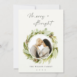 Winter Wreath Merry & Bright kerstfoto Feestdagenkaart