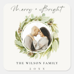 Winter Wreath Merry & Bright kerstfoto Vierkante Sticker