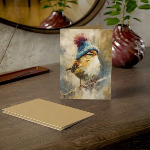 Winter Zangvogel in Breihoed   Hertengroet Kaart