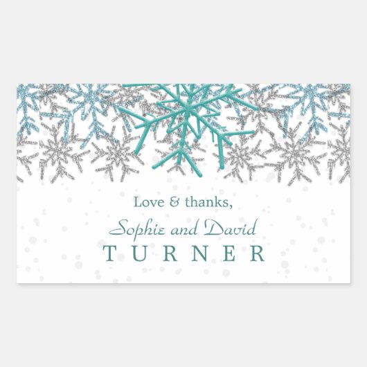 Winter Zilver Turquoise Sneeuwvlokken Bruiloft Rechthoekige Sticker (Voorkant)