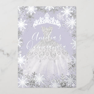 Winter Zilveren Paarse Sneeuwvlok Quinceanera Folie Uitnodiging