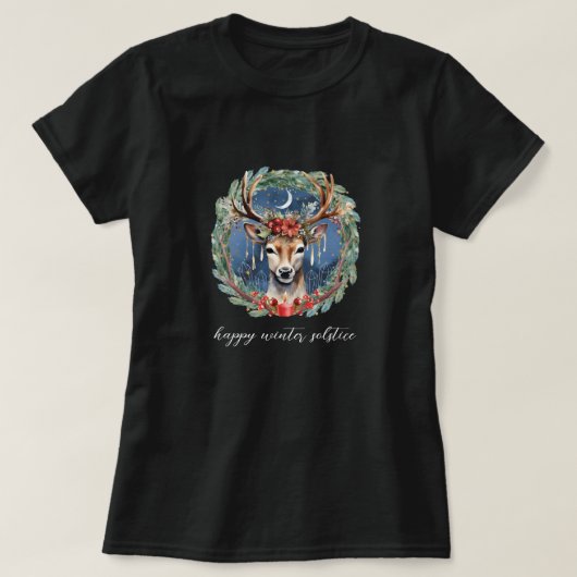 Winter zonnewende vakantie herten krans Yule Kerst T-shirt (Design voorkant)